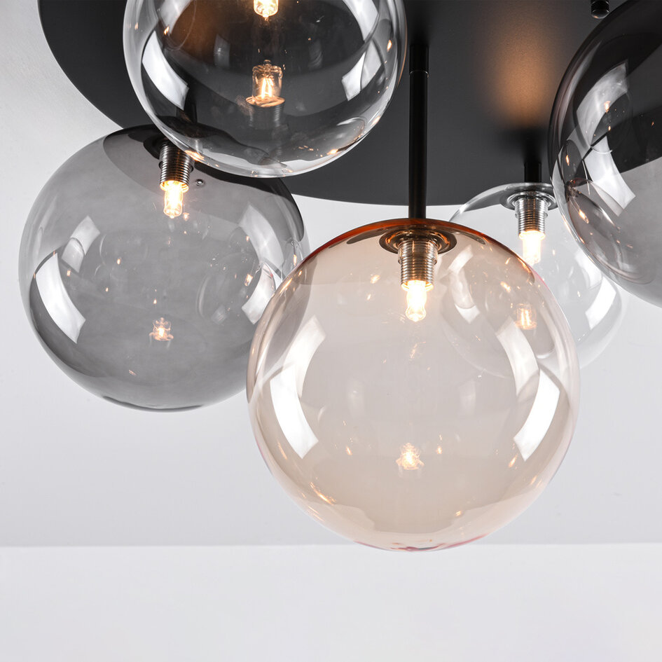 Plafondlamp Lumose 5-lichts met diverse glazen bollen