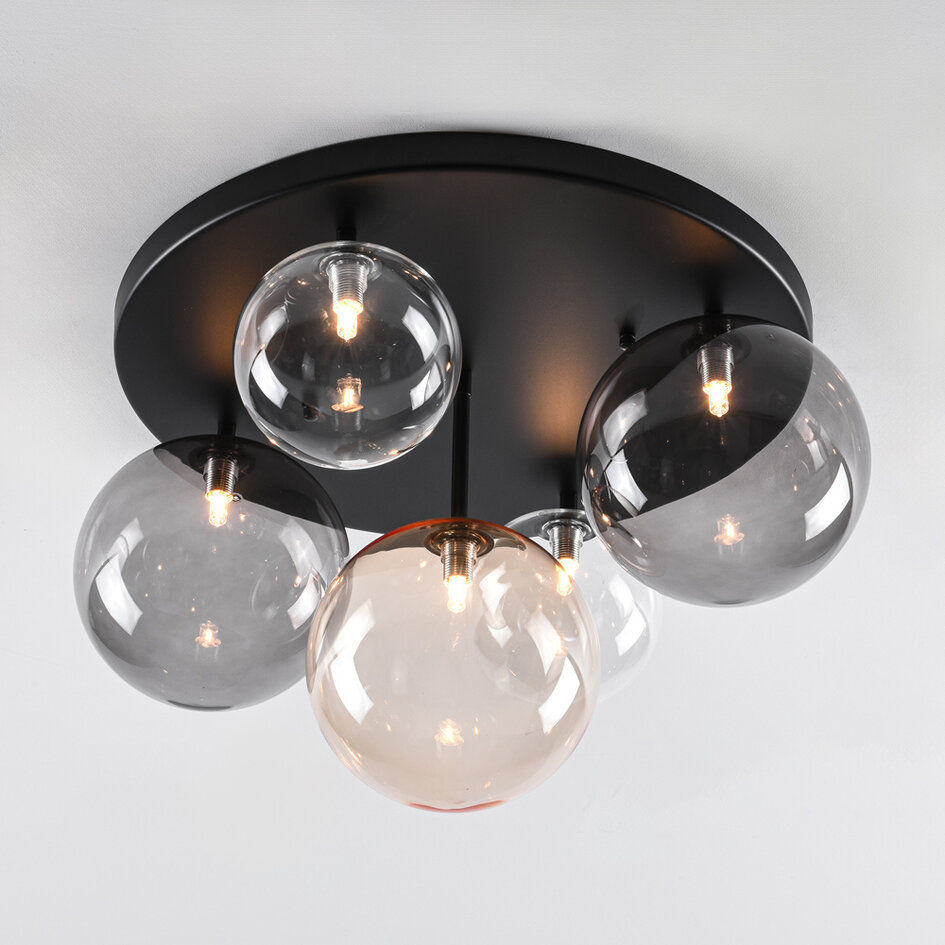 Plafondlamp Lumose 5-lichts met diverse glazen bollen