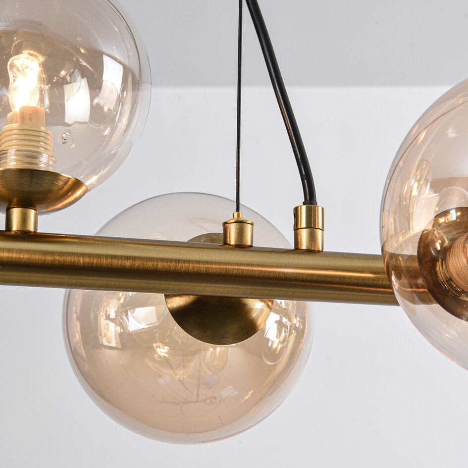 Gouden design hanglamp met amber glas, 9-lichts - Ennea