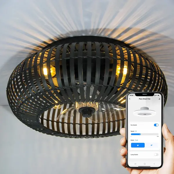 Slimme plafondventilator Paco met afstandsbediening en Wifi Ø50cm - zwart bamboe
