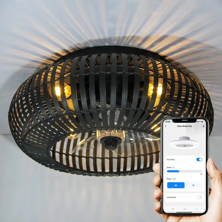 Slimme plafondventilator Paco met afstandsbediening en Wifi Ø50cm - zwart bamboe