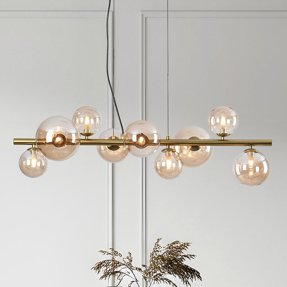 Gouden design hanglamp met amber glas, 9-lichts - Ennea