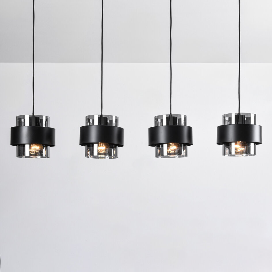 4-lichts hanglamp Faey - zwart en smoke glas