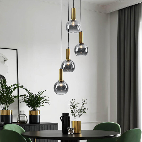 4-lichts hanglamp Imme - goud en smoke glas