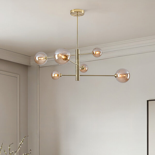 Design plafondlamp goud met amber glas, 6-lichts - Sest