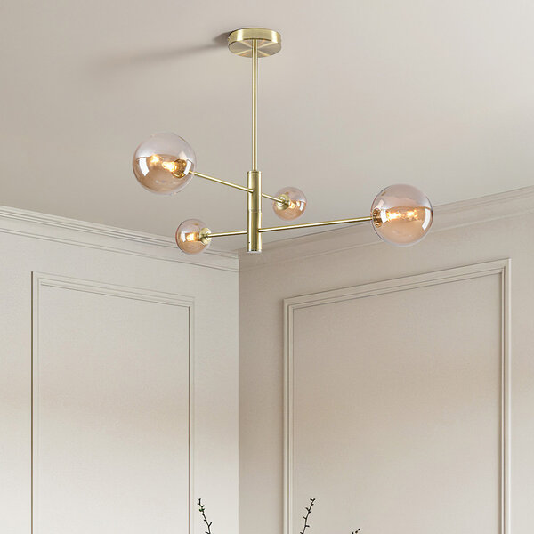 Gouden plafondlamp Stiri 4-lichts met amber glas
