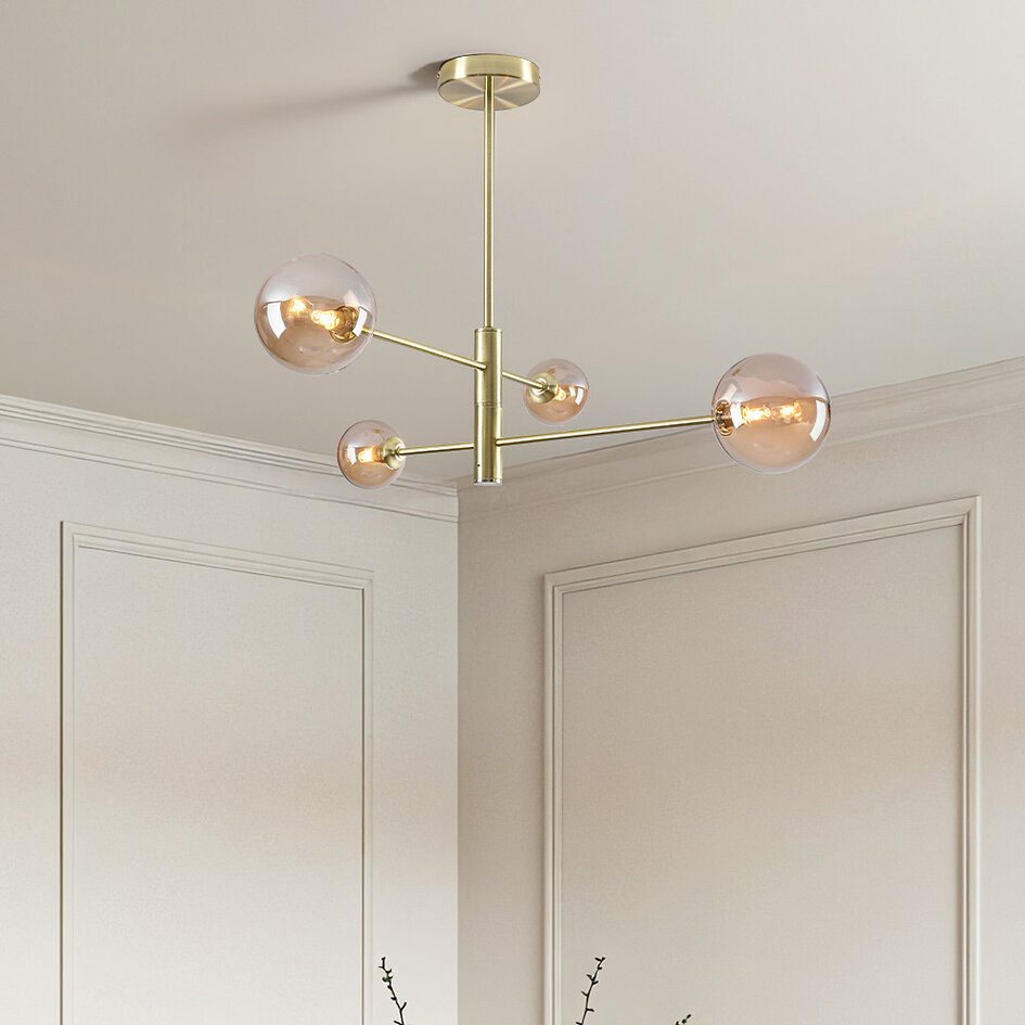 Gouden plafondlamp Stiri 4-lichts met amber glas