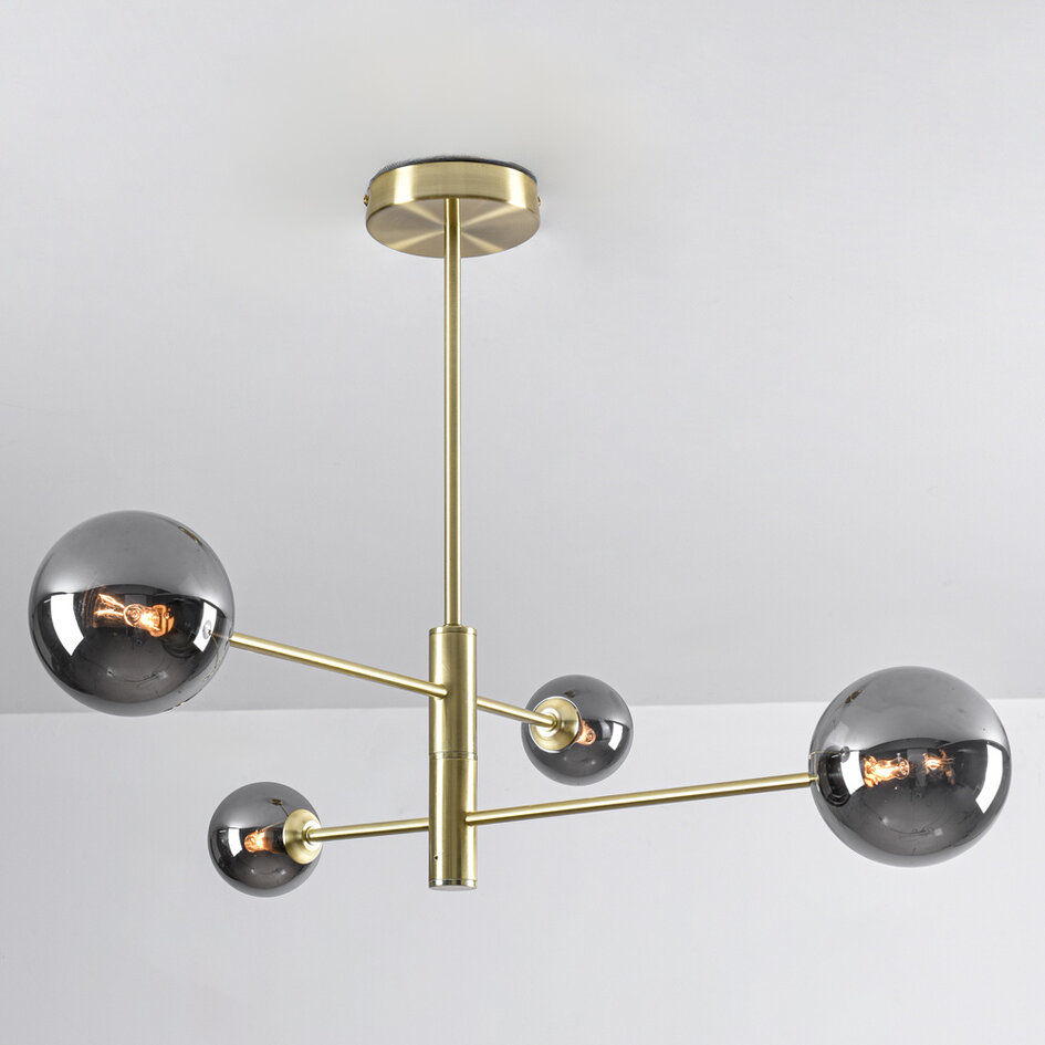Plafondlamp Stiri 4-lichts goud met smoke glas