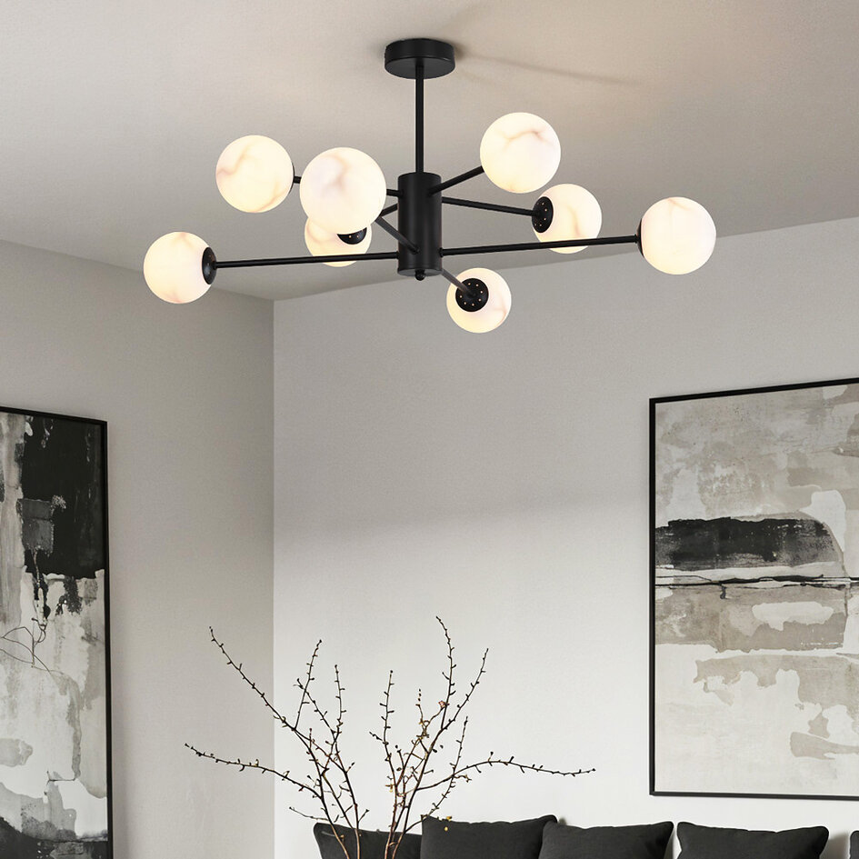 Design plafondlamp mat zwart met marmerlook bollen, 8-lichts - Idaho