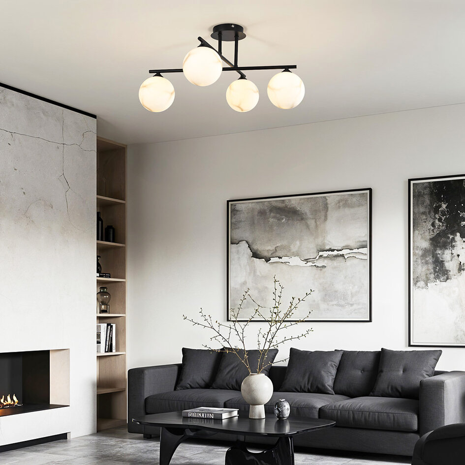 Moderne plafondlamp mat zwart met marmerlook bollen, 4-lichts - Nymo
