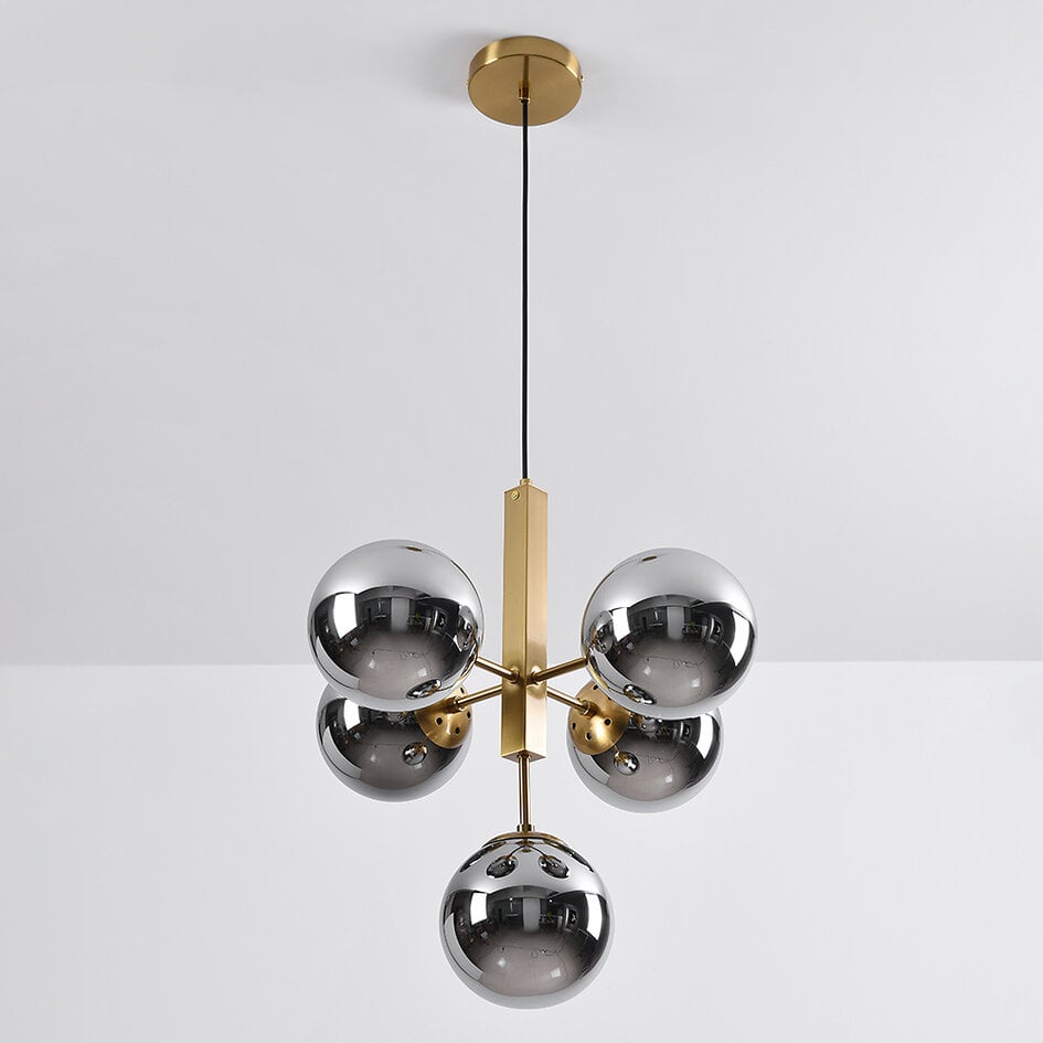 5-lichts hanglamp Kenji - smoke glas met spiegeleffect en goud