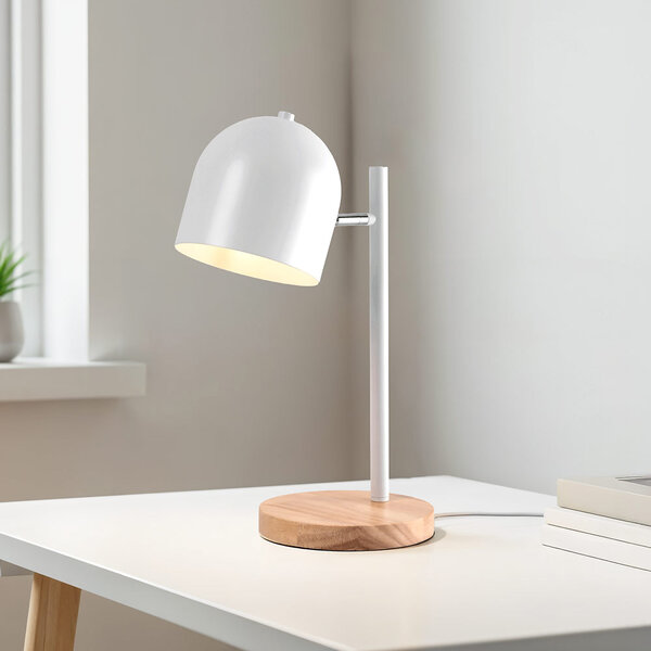 Tafellamp Megan in wit met licht eiken voet