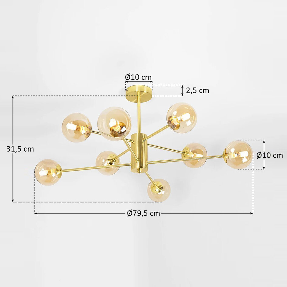 Design zandgouden plafondlamp met amber glas - 8-lichts Idaho
