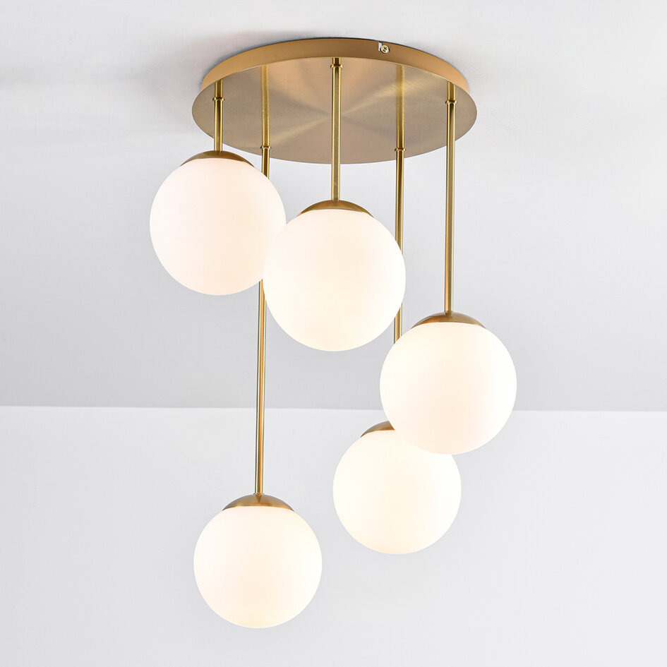 Ronde plafondlamp goud met melkwit glas, 5-lichts - Carat