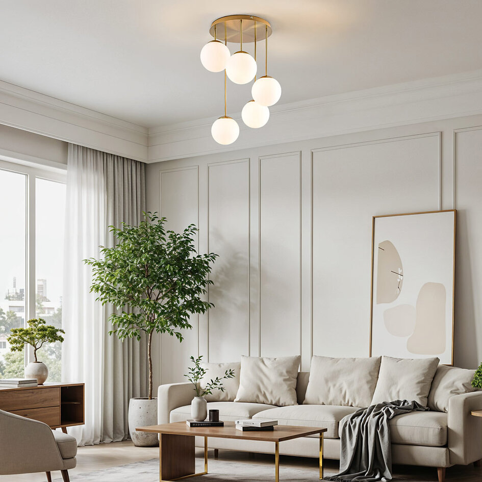 Ronde plafondlamp goud met melkwit glas, 5-lichts - Carat