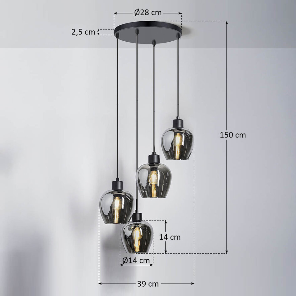 4-lichts hanglamp met smoke glas - Raleigh