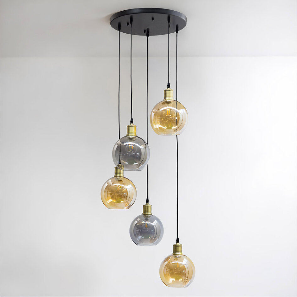 Hanglamp 5-lichts met smoke en amber glas - Lyana