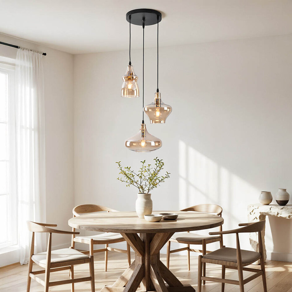3-lichts industriële hanglamp Trinidad - zwart en amber glas