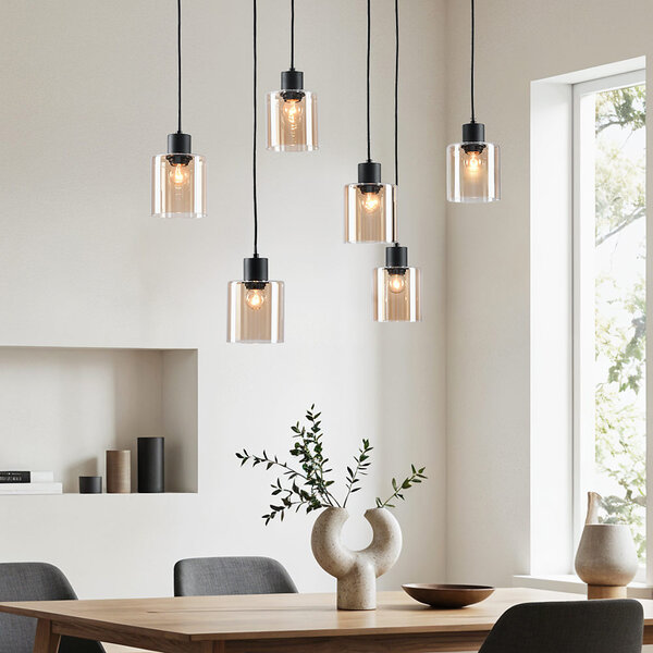 6-lichts hanglamp Palaio - zwart en amber glas