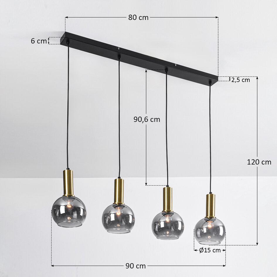Hanglamp Imke zwart met gouden details en rookglas, 4 lichts