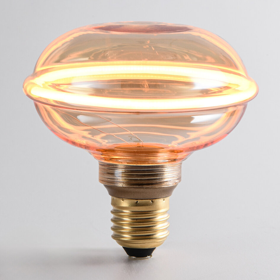 4W dimbare UFO filament lamp E27, Ø10 cm, 1800K, amber glas met horizontale ring