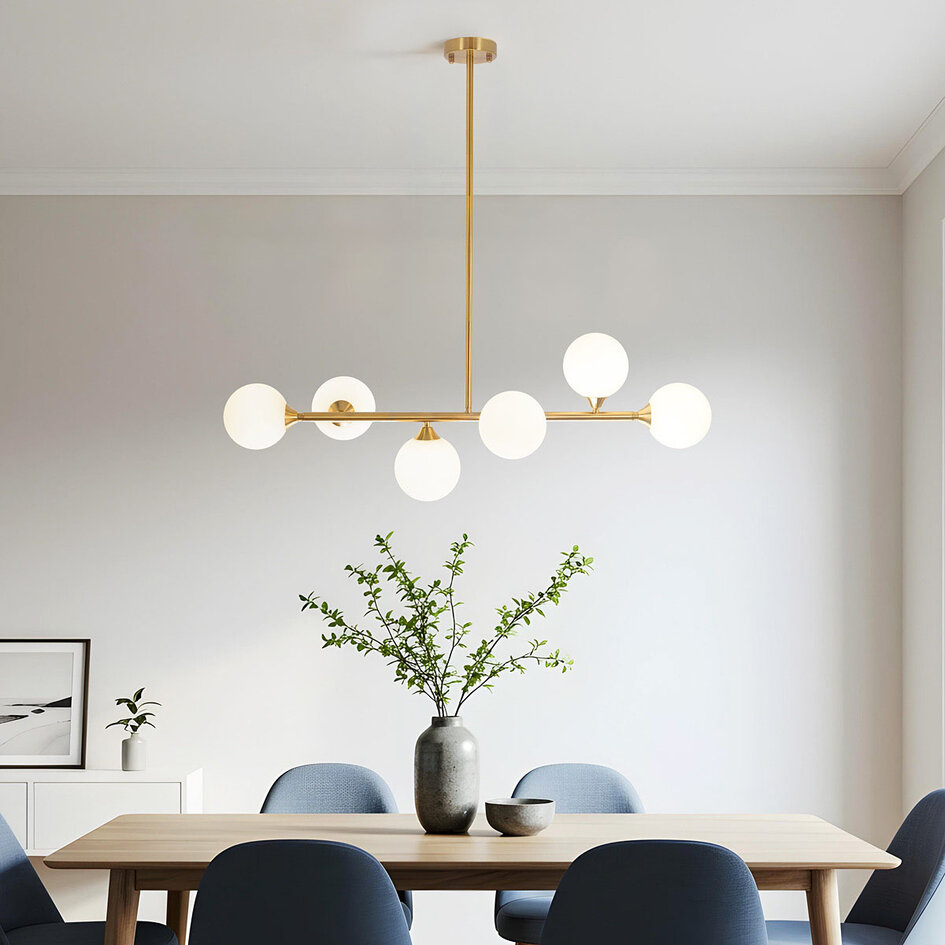 6-lichts design plafondlamp Aster - goud en melkwit glas