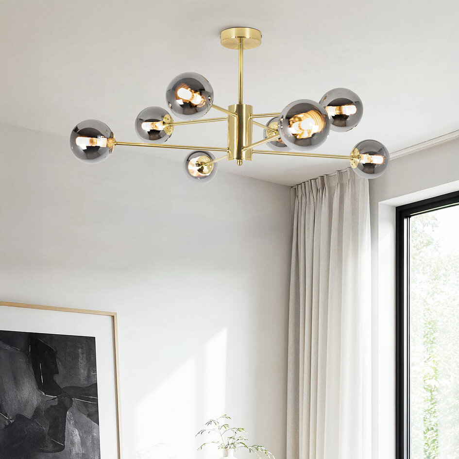 Design zandgouden plafondlamp met smoke glas - 8-lichts Idaho