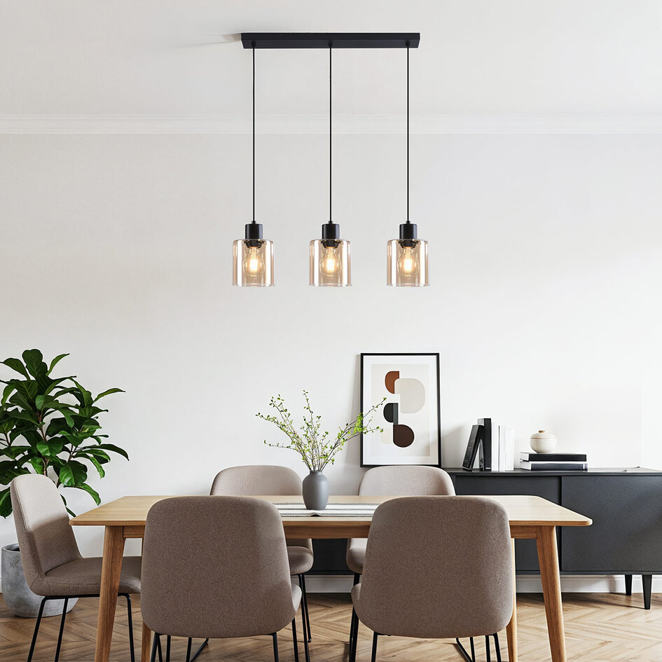 3-lichts hanglamp Palaio - amber glas en zwart