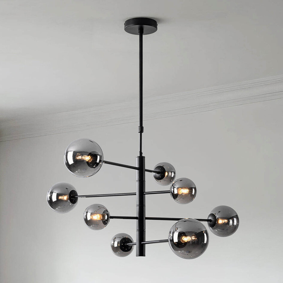 Plafondlamp Oito zwart met smoke glas, 8-lichts