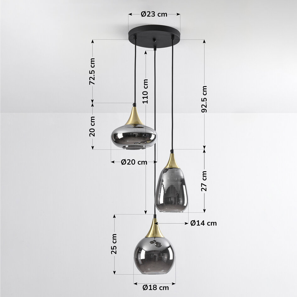 Hanglamp goud met smoke glas, 3-lichts - Loua