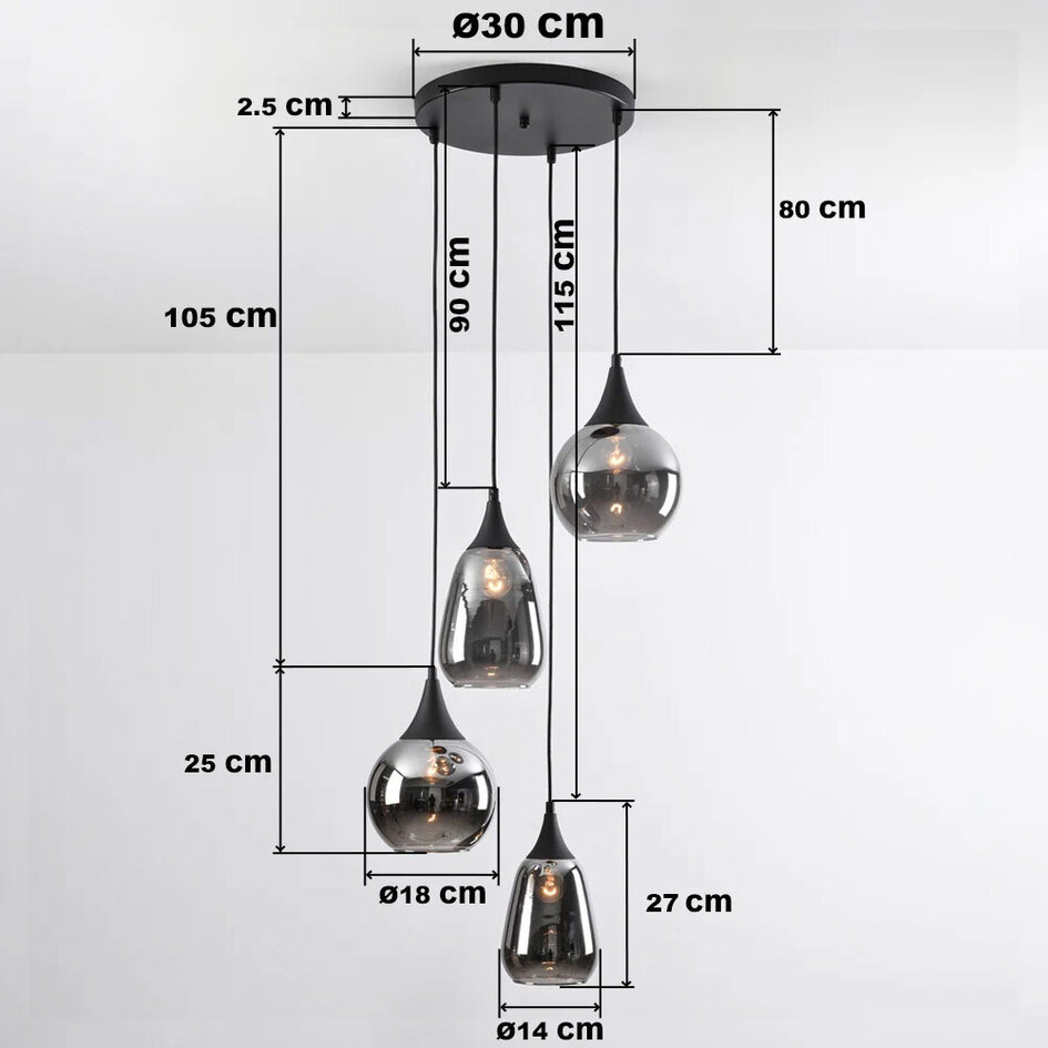 4-lichts hanglamp Loua - zwart en smoke glas