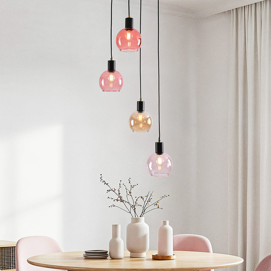 Hanglamp zwart met amber en roze glas, 4-lichts - Monroe