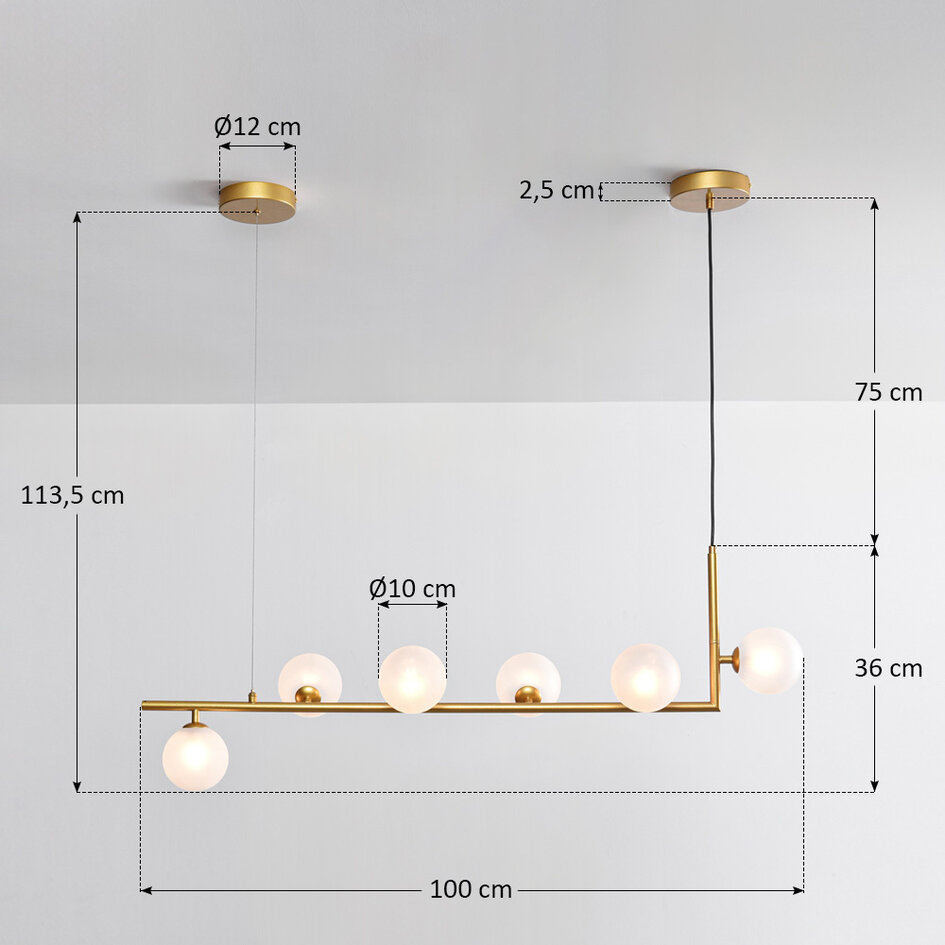 Design hanglamp Marcus 6-lichts L-vorm met melkwit glas