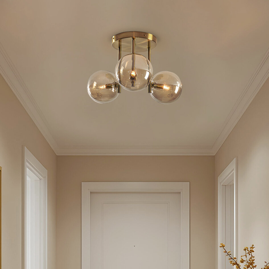 3-lichts plafondlamp Elora messing met cognac glas