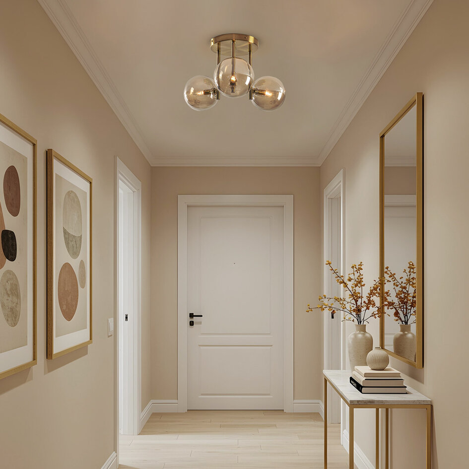 3-lichts plafondlamp Elora messing met cognac glas