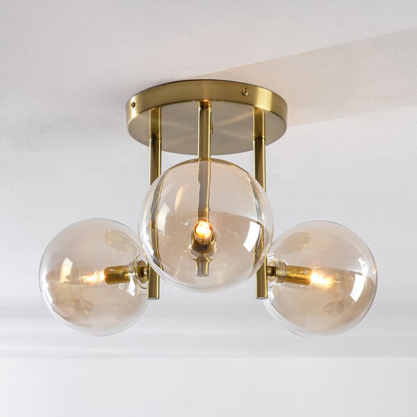3-lichts plafondlamp Elora messing met cognac glas