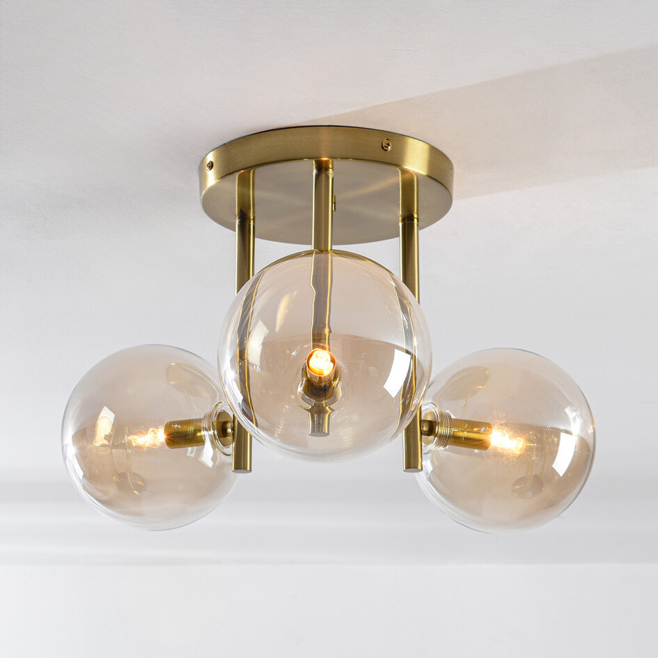 3-lichts plafondlamp Elora messing met cognac glas
