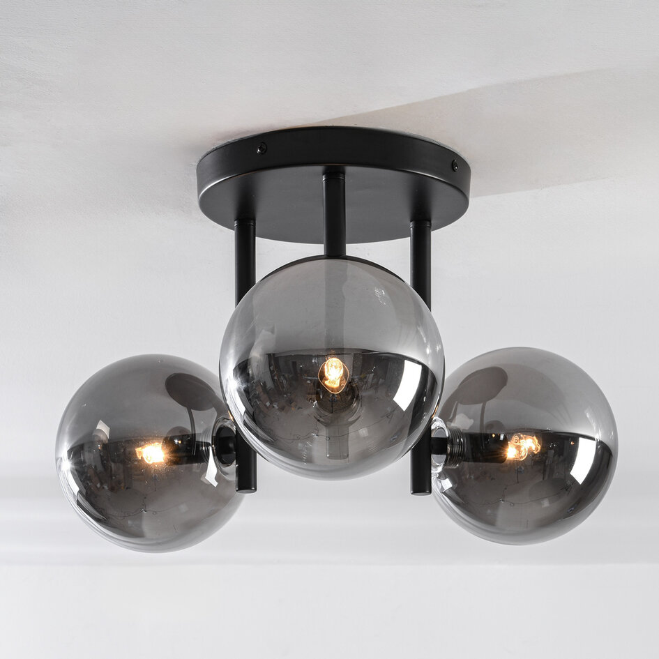 3-lichts zwarte plafondlamp Elora met smoke glas
