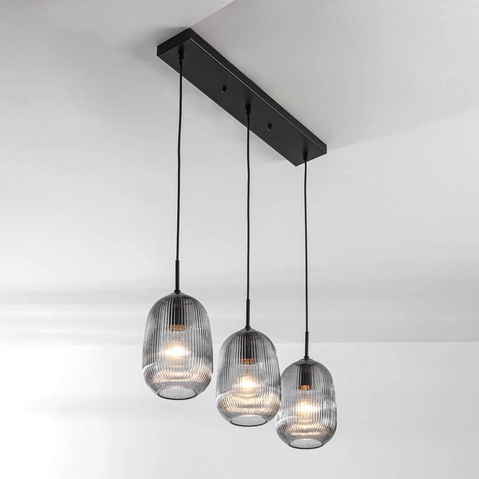 3-lichts hanglamp Melora - geribbeld rookglas