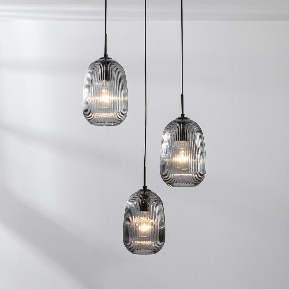 3-lichts hanglamp Isara - geribbeld rookglas