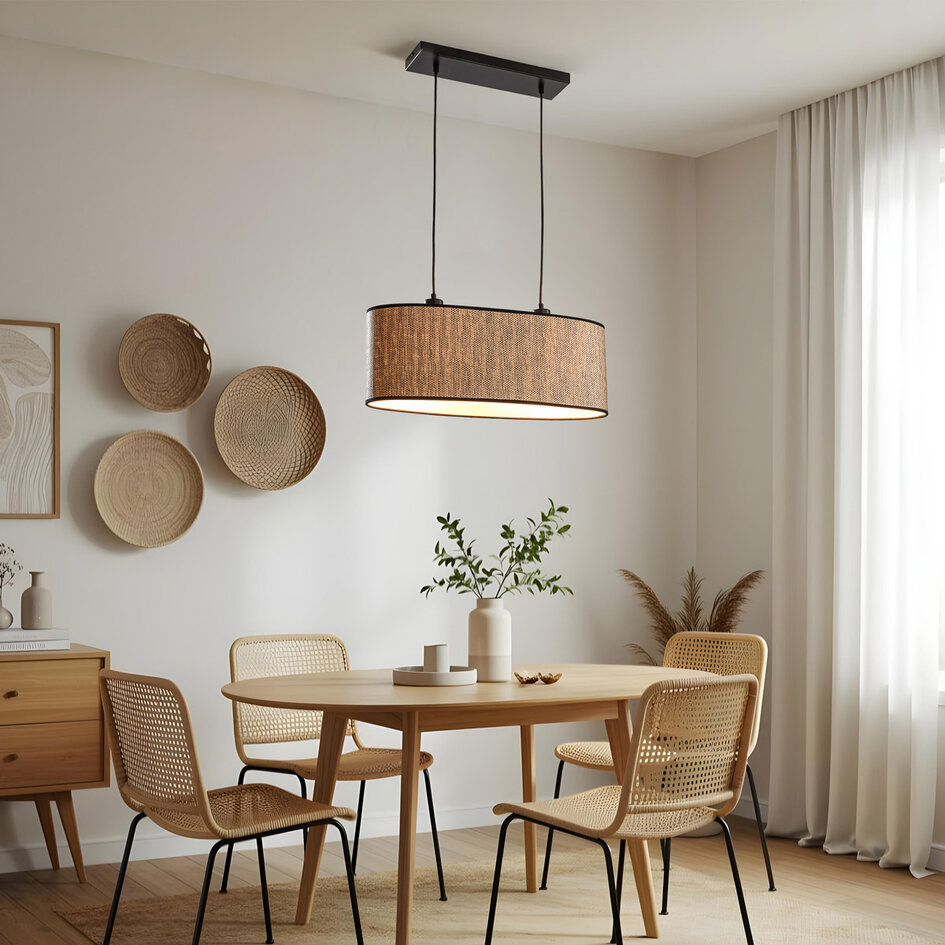 2-lichts moderne hanglamp Esmora zwart met ovale stoffen kap