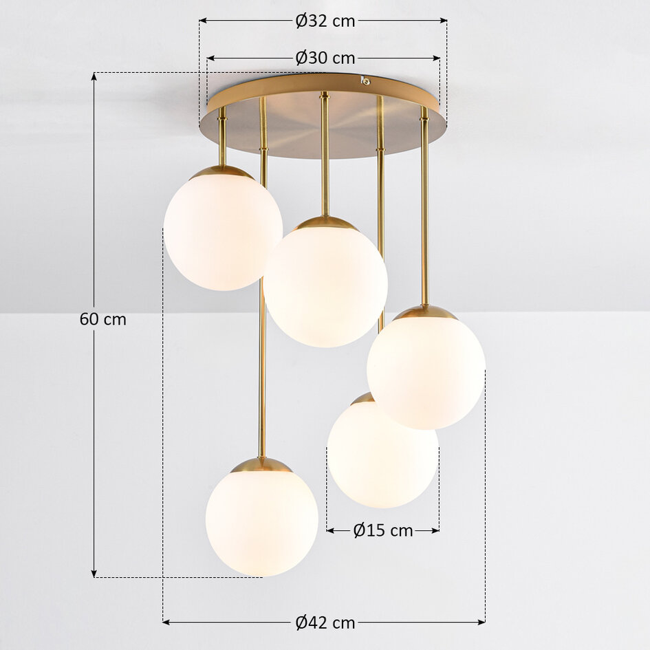 5-lichts plafondlamp Carat - goud en melkwit glas