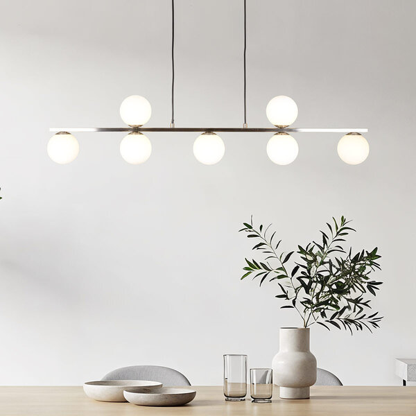 7-lichts hanglamp Syv - melkwitte glazen bollen