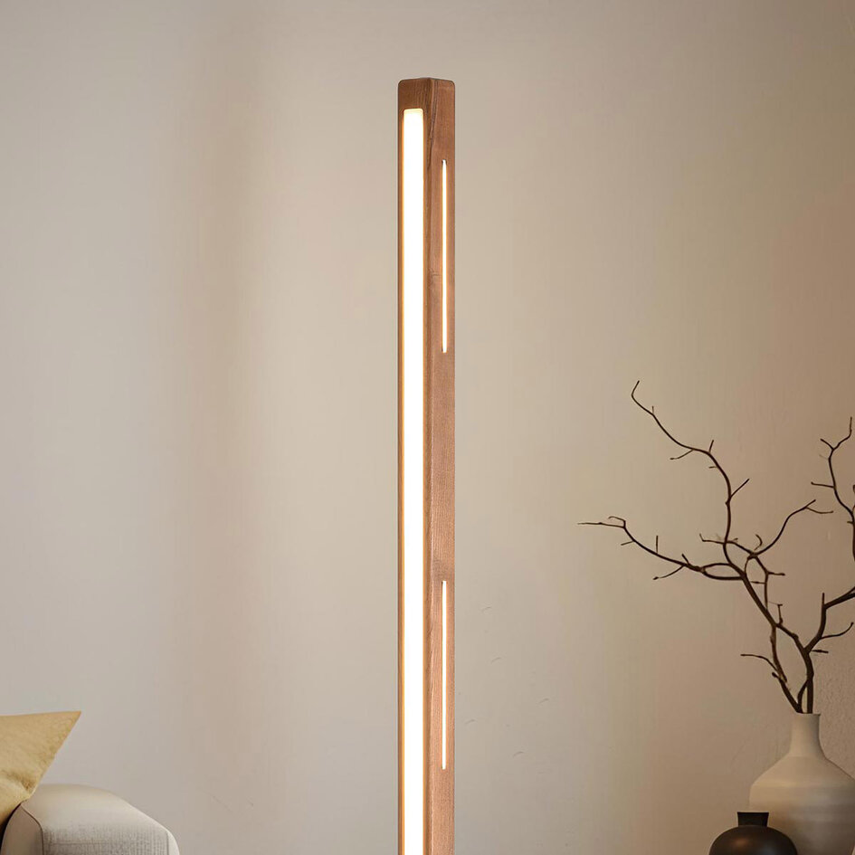 Vloerlamp Piata in houtoptiek met dimbare LEDs