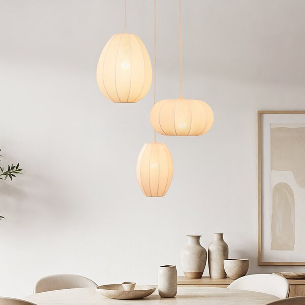 3-lichts japandi hanglamp met beige stoffen lampionnen - Fabrica