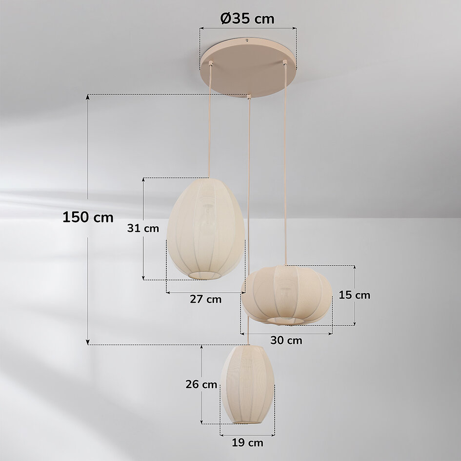 3-lichts japandi hanglamp met beige stoffen lampionnen - Fabrica