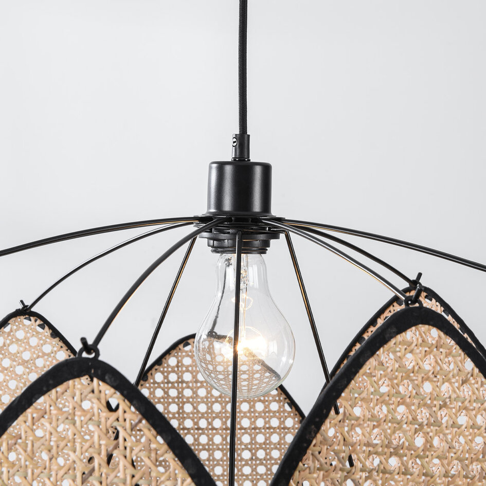 Zwarte boho hanglamp Floare met rotan