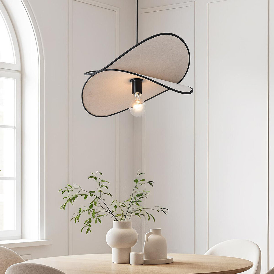 Design hanglamp Sapca, wit linnen met zwarte accenten