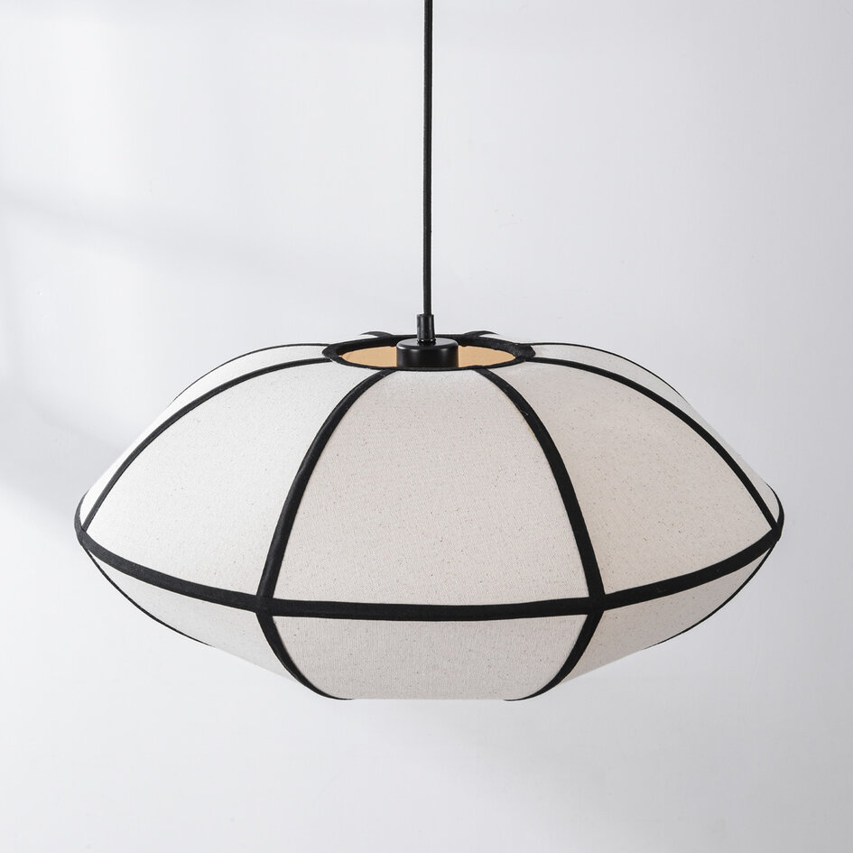 Minimalistische linnen hanglamp Ovala - wit met zwarte accenten