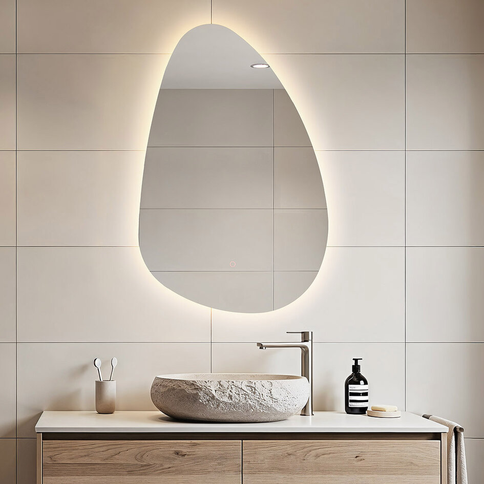 Badkamerspiegel Glimmer met dimbaar licht, touch sensor, instelbare kleuren en spiegelverwarming